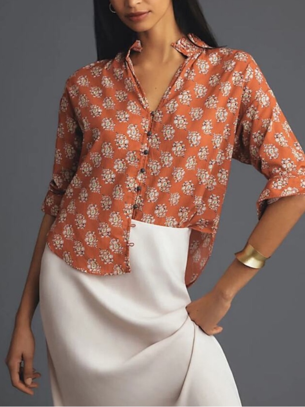 Pilcro Anthropologie Top Tavi Floral Print Button Down Blouse Orange size XL